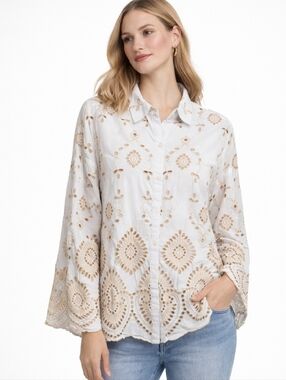 F&F Boho Embroidered White Cotton Button-Up Top with Scalloped Motif Size 14